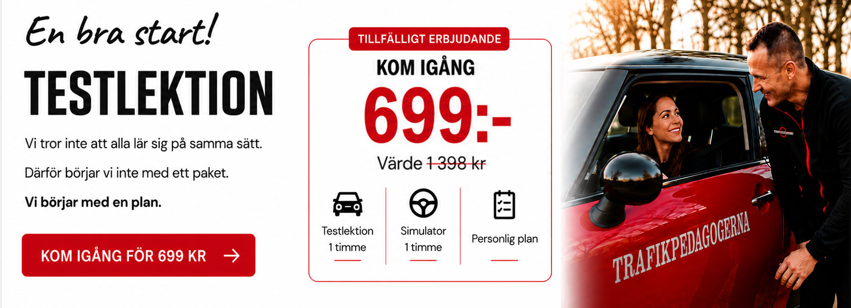 Kom igång-erbjudande hos Trafikpedagogerna i Lund – testlektion, 1 timme simulator och personlig körkortsplan för 699 kr.